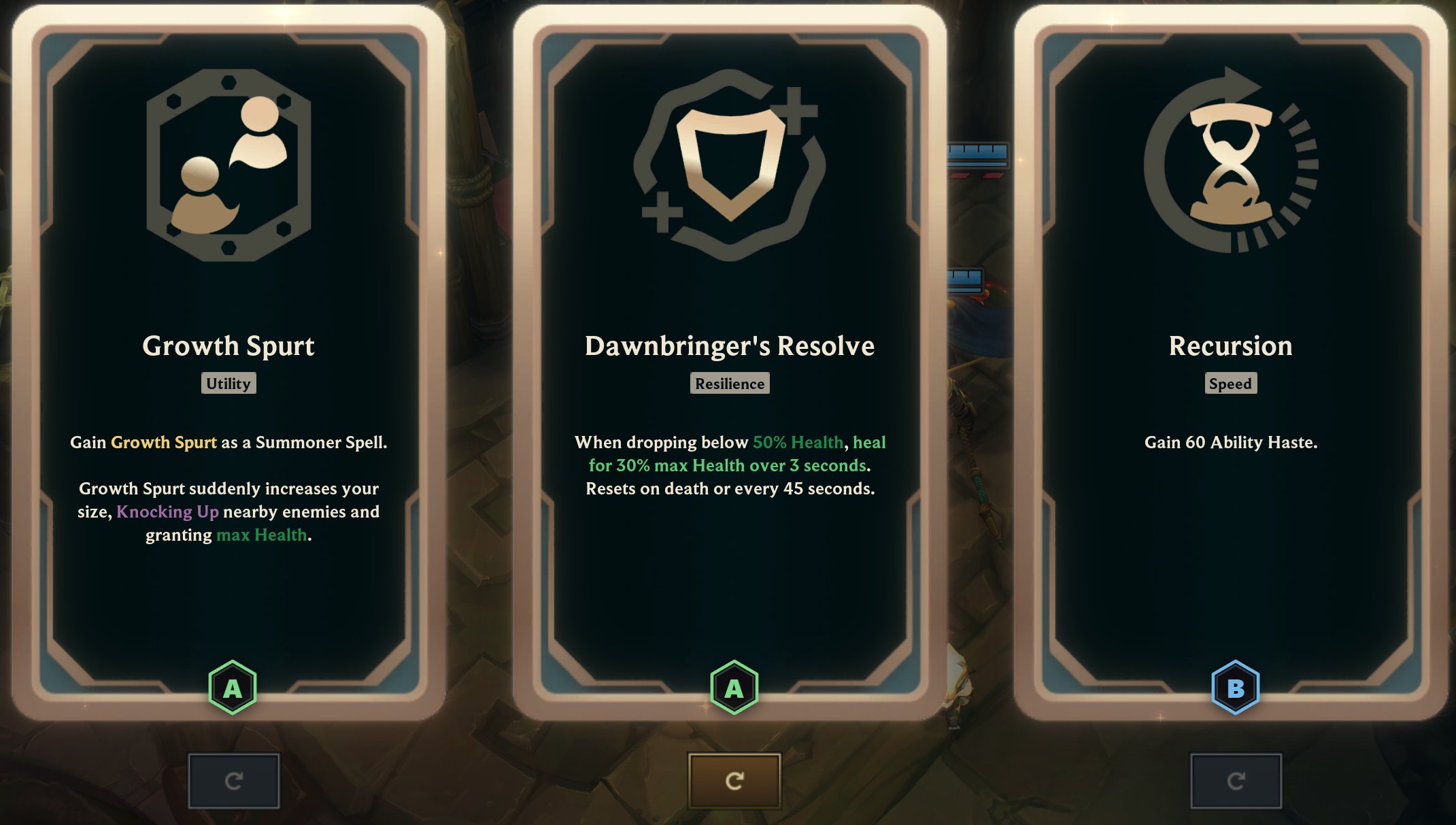 Hexgate tier badges shown live under three ARAM Mayhem augment cards in game