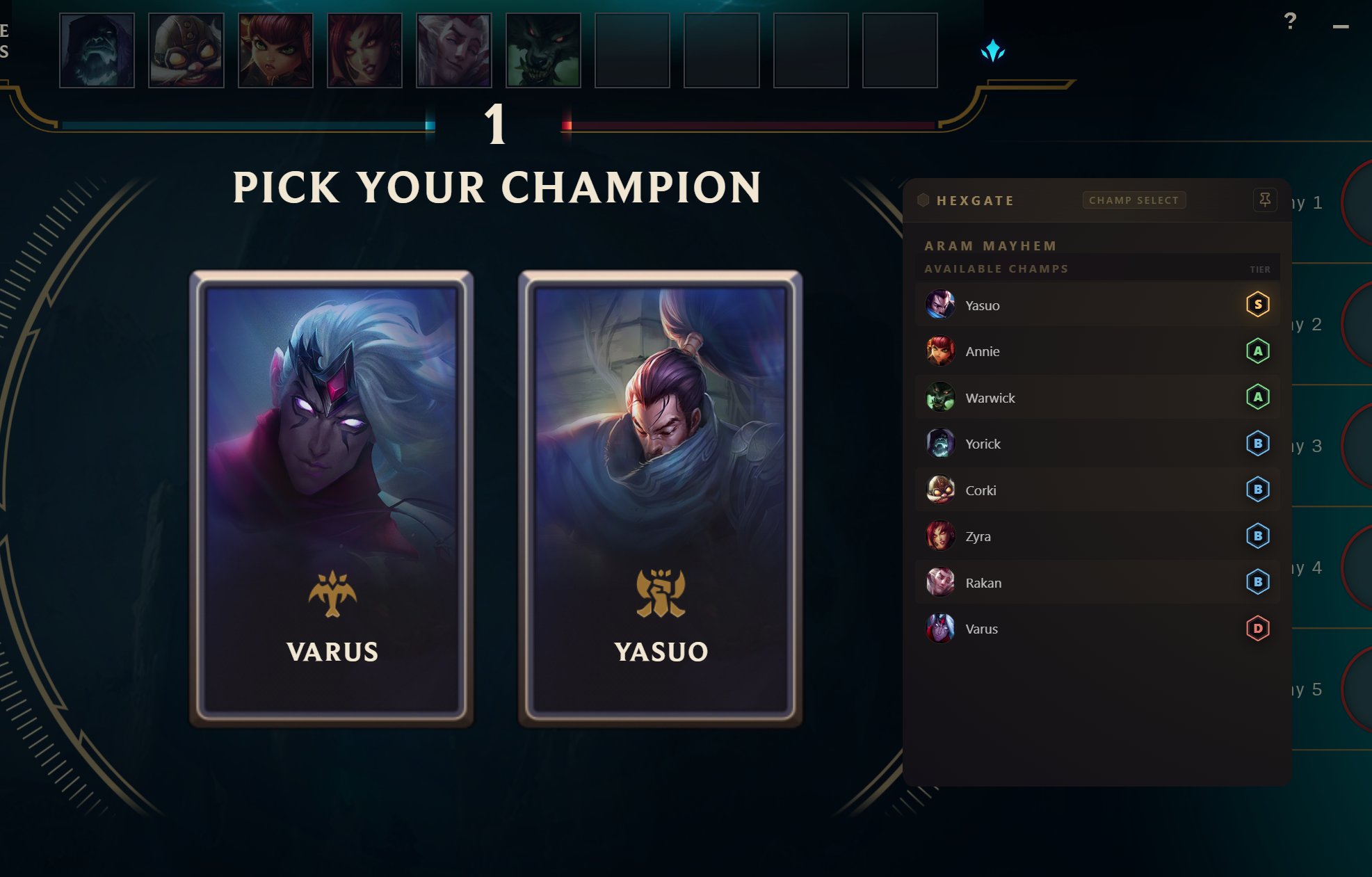 Hexgate champion select panel showing ARAM Mayhem tier ranks for available champions