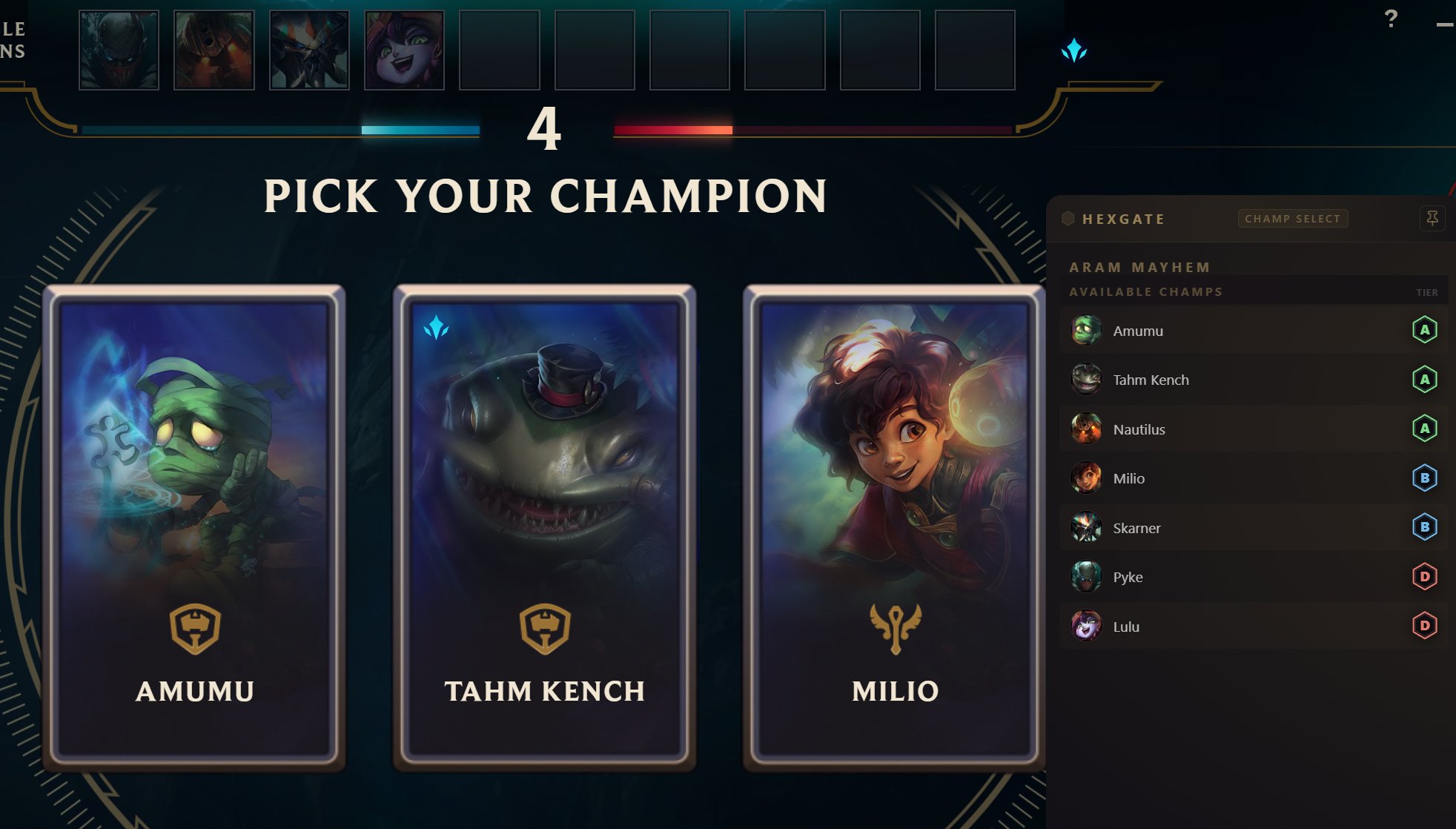 ARAM Mayhem champion pick screen with three champion cards and the Hexgate tier panel ranking them