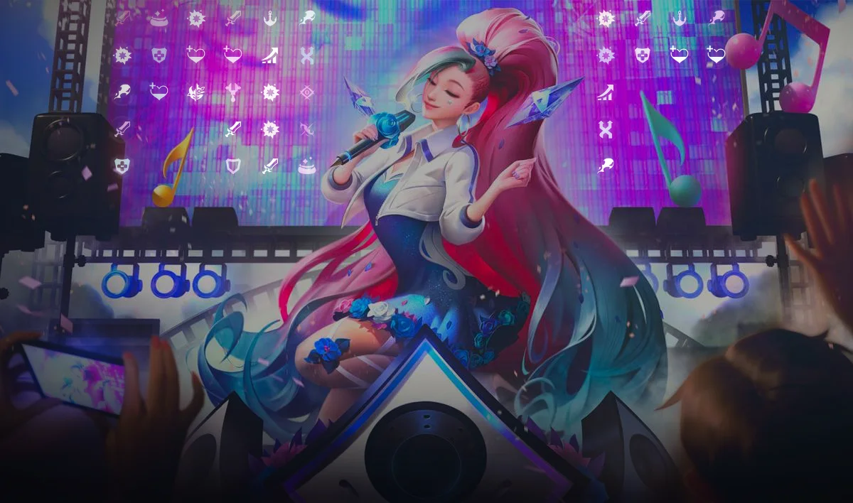 K/DA ALL OUT Seraphine singt auf einer Konzertbühne, während die LED-Wand hinter ihr die Symbole der neuen ARAM-Mayhem-Verstärkungen zeigt