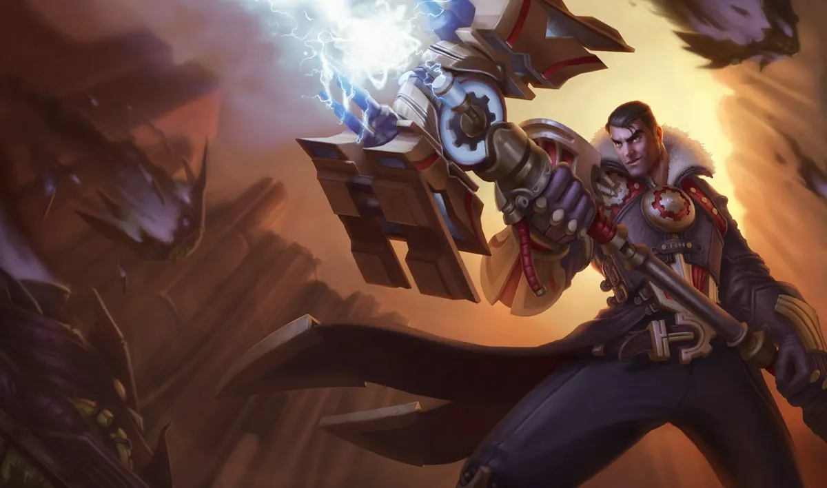 Jayce splash art, the Defender of Tomorrow with his hextech hammer