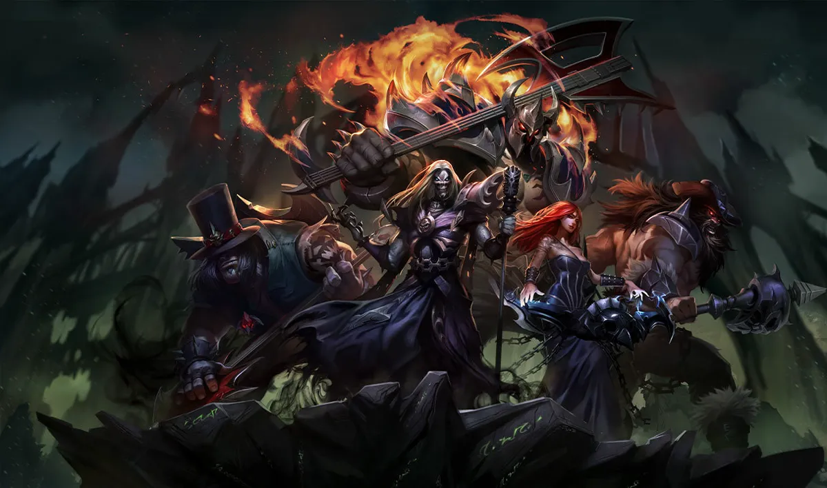 Pentakill band splash art - the full Pentakill lineup on stage