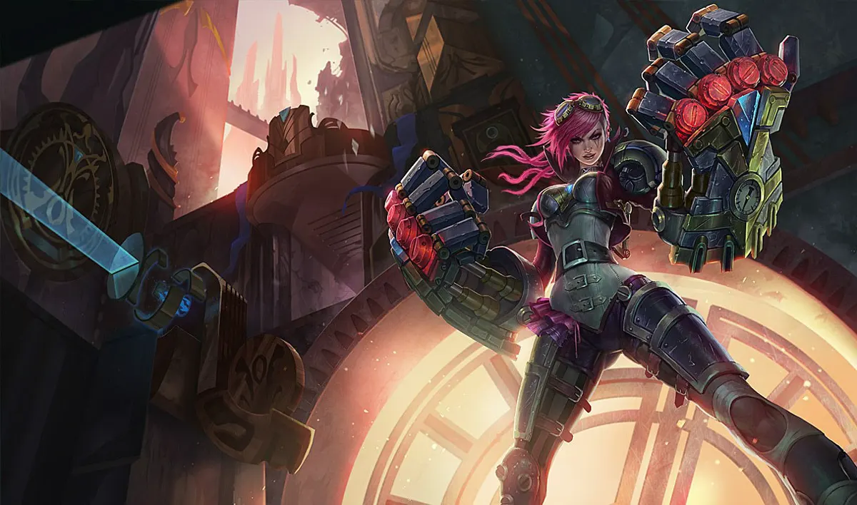 Vi splash art, the Piltover Enforcer with her hextech gauntlets