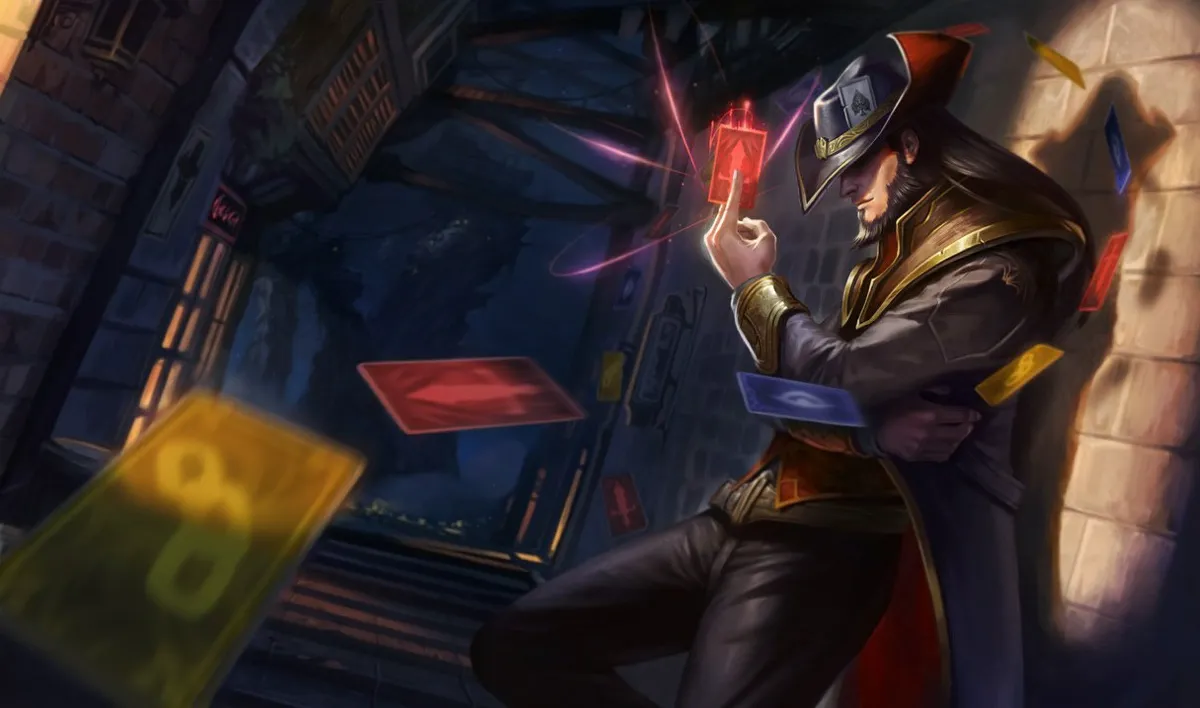 Twisted Fate splash art - the Card Master choosing his card