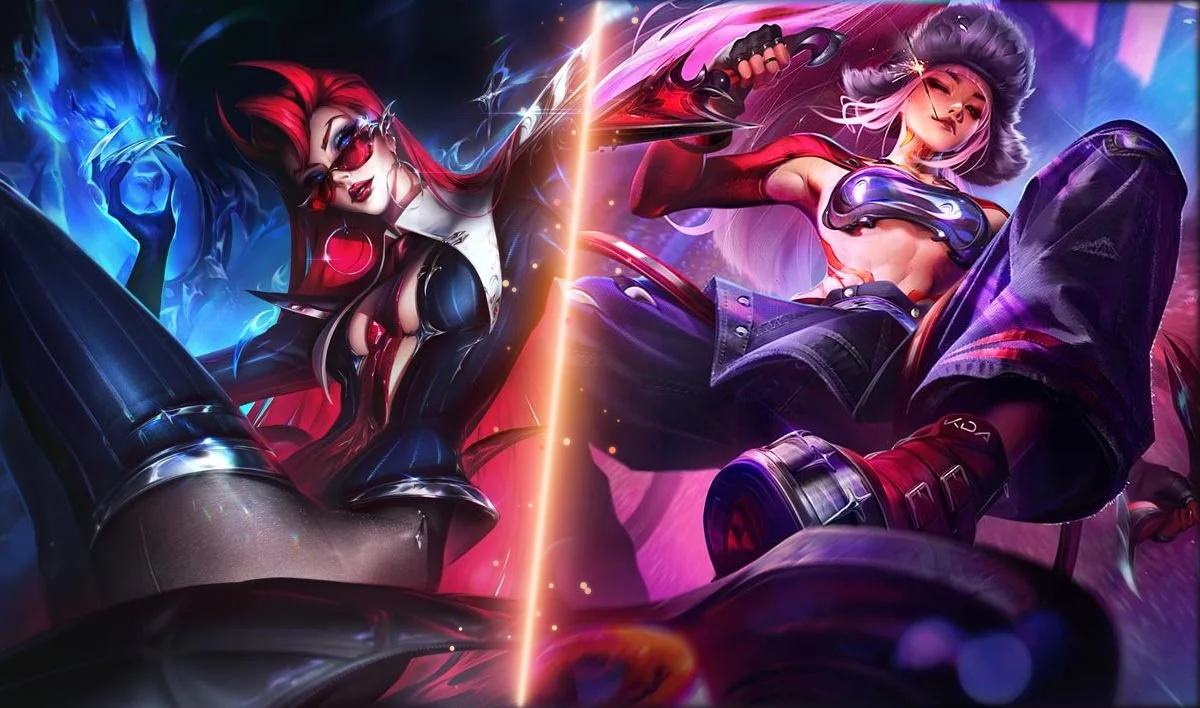 左に赤いサングラスのK/DA ヒットメーカー イブリン、右にファー帽子のK/DA FIRESTARTER イグニッション アカリ。間を火の粉が舞う燃える境目が分けている