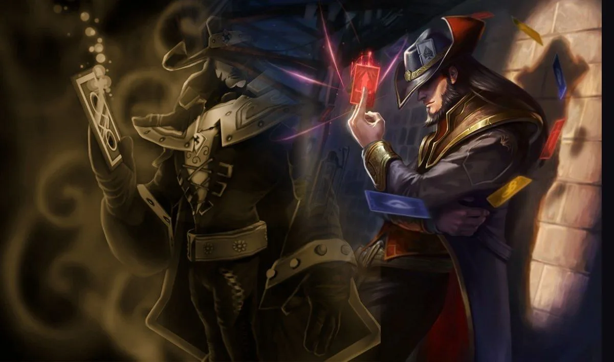 Twisted Fate's original 2009 splash art fading out in sepia on the left, beside his splash art today in full color
