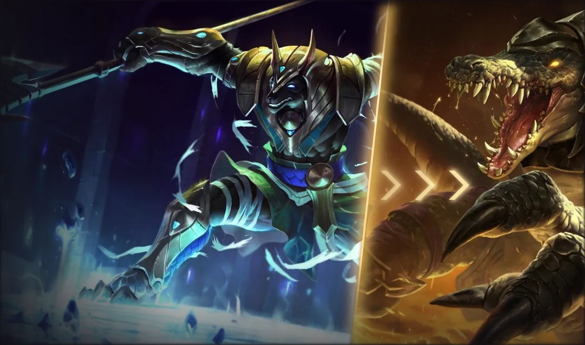 Nasus in cold blue light faces Renekton lit in gold fire, split by a glowing gold seam with three chevrons pointing at Renekton, the richer side