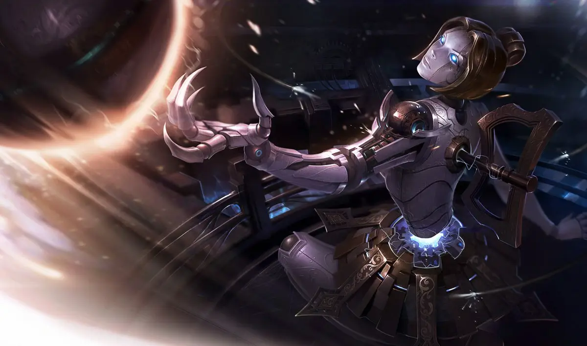 Splash-Art von Orianna, der Lady des Uhrwerks, mit ihrer schwebenden Kugel
