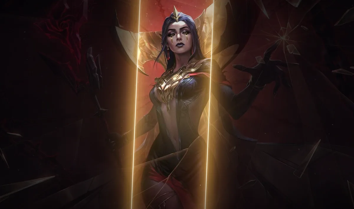 LeBlanc-Splash-Art, gesehen durch den schmalen, golden beleuchteten Spalt einer sich schließenden Tür, der Rest des Bildes im Schatten