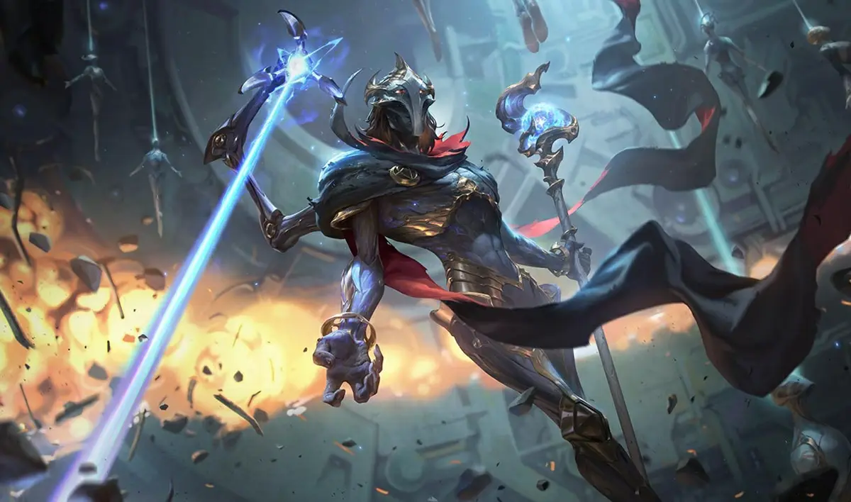 Splash art di Viktor, l'Araldo della Macchina circondato da macchinari hextech