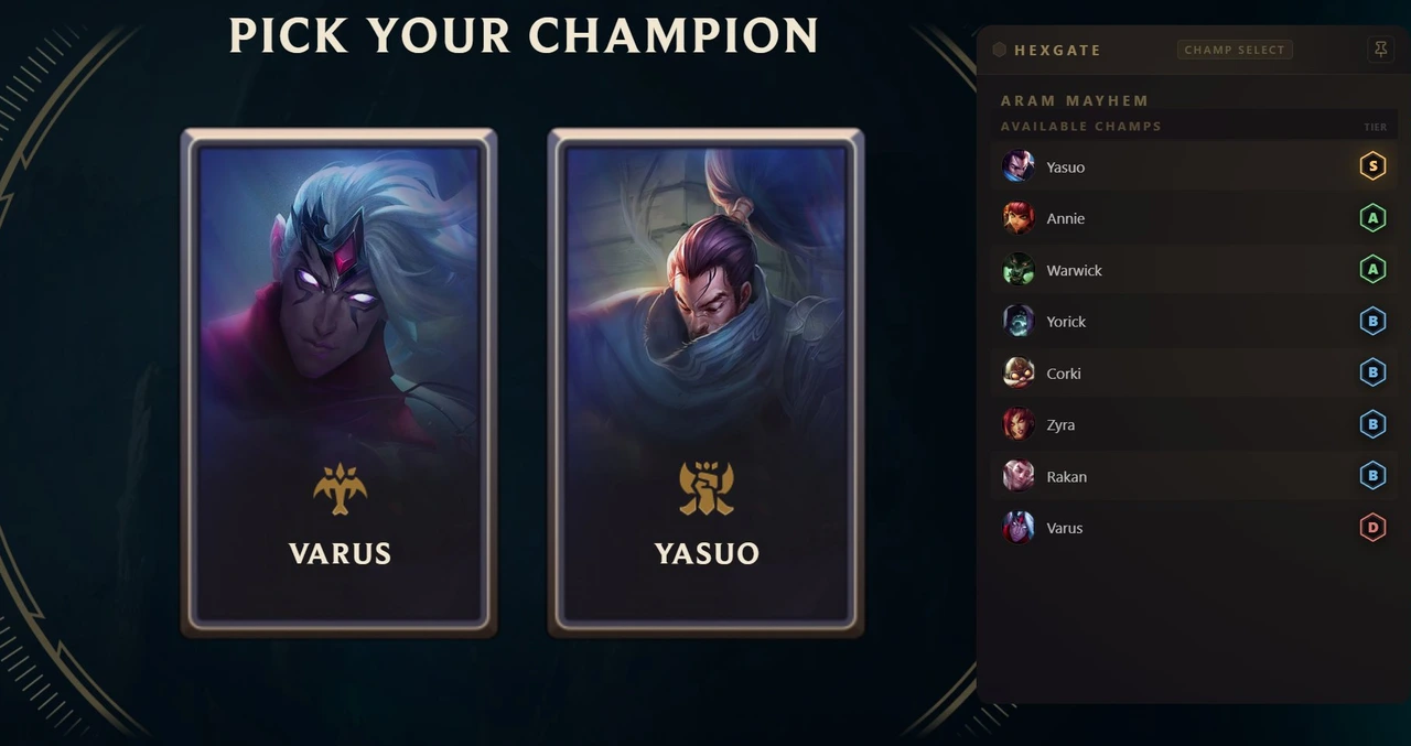 ARAM-Mayhem-Championauswahl mit Varus und Yasuo, rechts das Hexgate-Panel, das die verfügbaren Champions mit Mayhem-Tier-Badges von S bis D auflistet