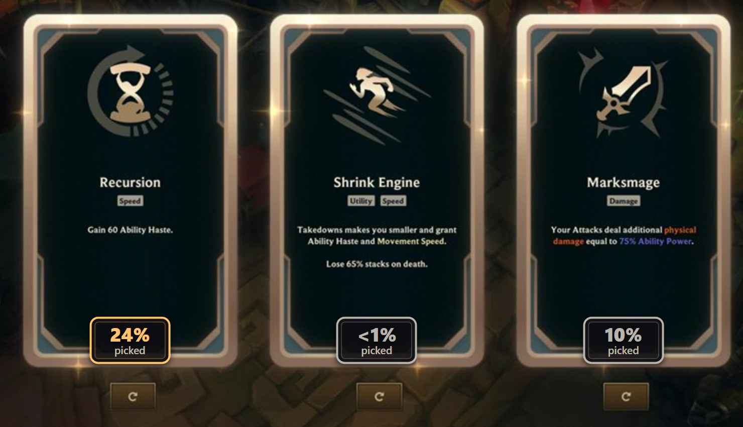 Three augment cards in game with Hexgate badges under them showing how often each one is taken