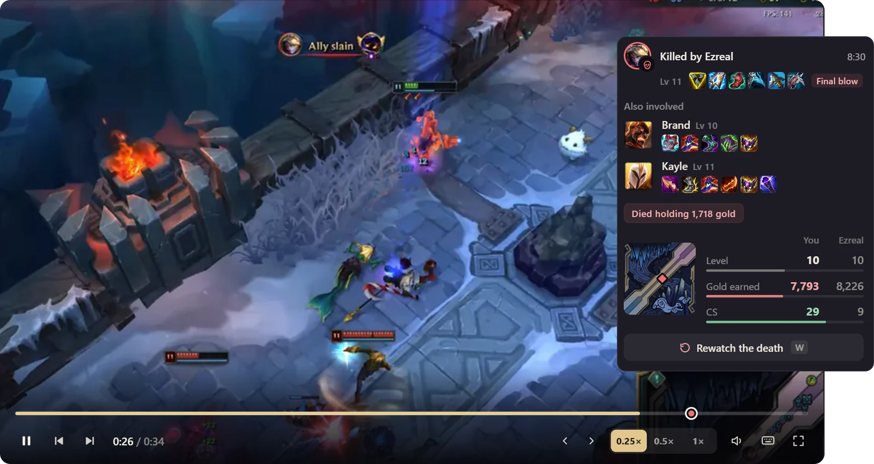 Hexgate Clips spielt einen Tod von Graves in Viertelgeschwindigkeit ab, daneben die Karte zu diesem Tod: Ezreal mit dem Todesstoß, Brand und Kayle ebenfalls beteiligt, 1,718 Gold nicht ausgegeben, Level, Gold und CS im Vergleich zum Killer und die Stelle auf der Minimap