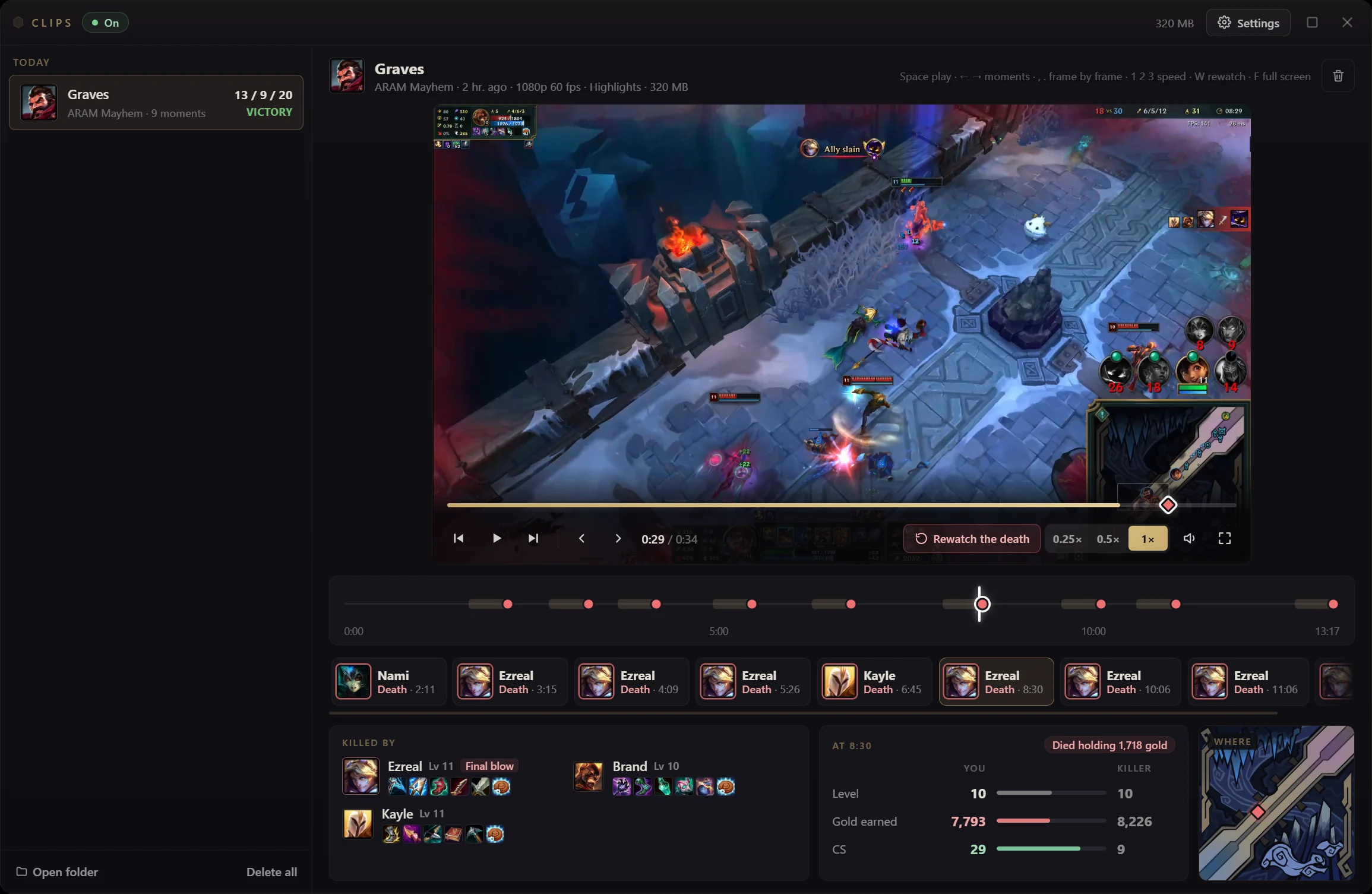 Janela do Hexgate Clips: uma morte de Graves pausada logo antes de acontecer, controles de câmera lenta, a linha do tempo da partida com nove mortes marcadas, os campeões envolvidos com o golpe final destacado, ouro e níveis em comparação com quem matou e o local no minimapa