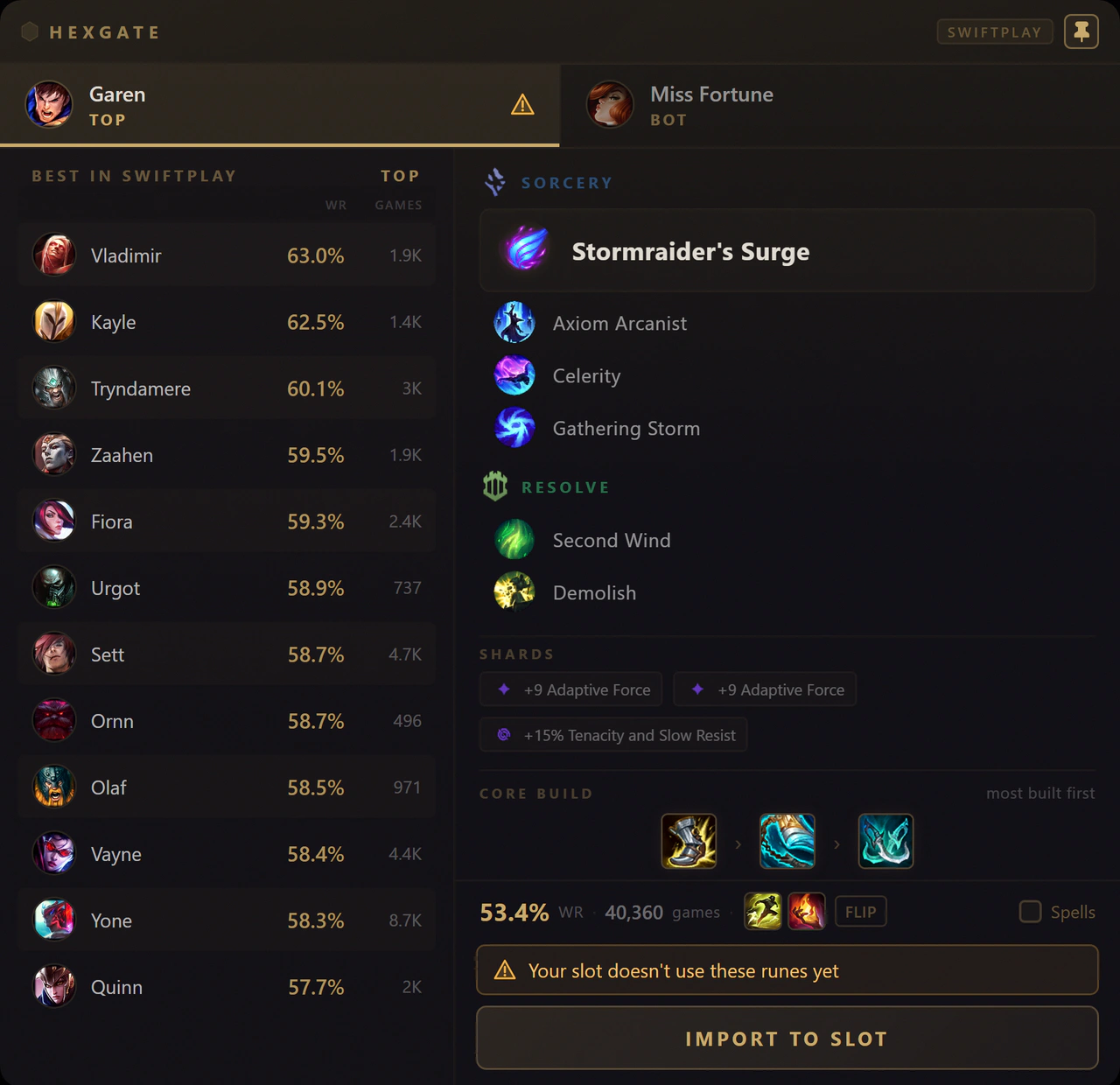 La finestra Partita veloce di Hexgate: Garen top e Miss Fortune bot come due pick, i migliori top laner in Partita veloce, le rune consigliate di Garen, incantesimi e build core, un avviso che lo slot non usa ancora queste rune e un pulsante Importa nello slot